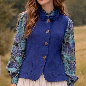 VENARIO Whimsical Blue 100% Wool Scalloped Edge Button Front Vest XL